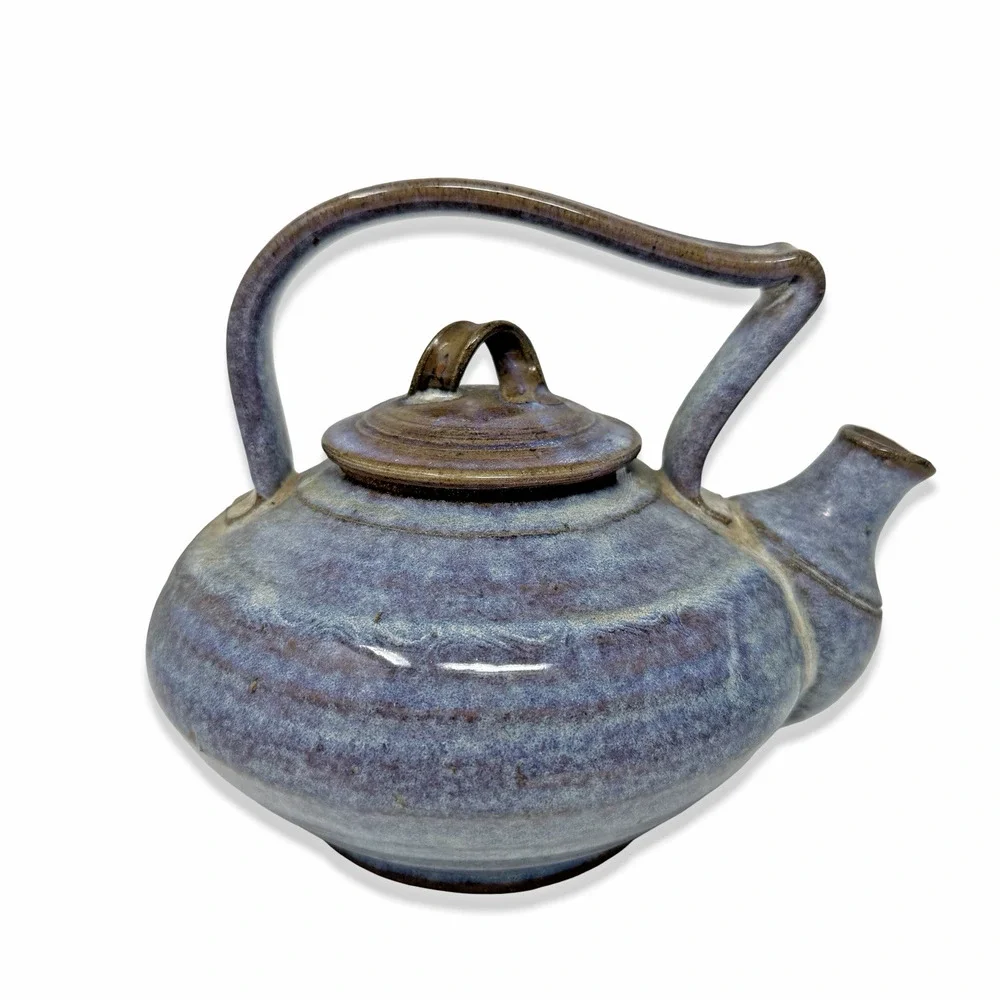 Studio Pottery Teapot Signed Iris Minc '92 Blue Glaze Art Ceramic Handmade